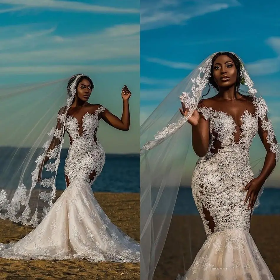 

Шапка класса люкс рукава Прозрачная Full Lace аппликации пляжные Свадебные платья Русалочки развертки поезд Африканские свадебные платья на з...