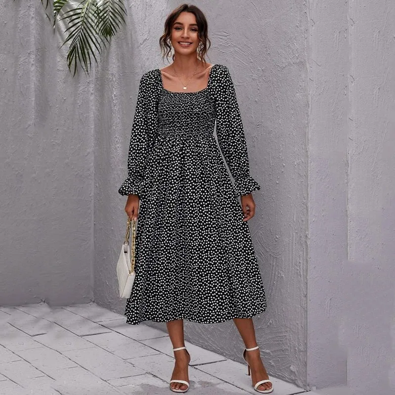 

Spring and Summer Chiffon Dresses New Floral Long-sleeved Square Collar Mid-length Dress for Women Factory Wholesale 2021