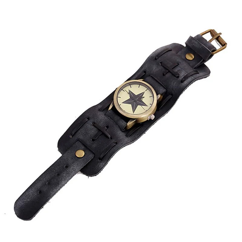 

Vintage Leather Cuff Wristwatches Fashion Star Pattern Bracelet Cuff Watches Punk Rock Style Quartz Watch Relogio Masculino