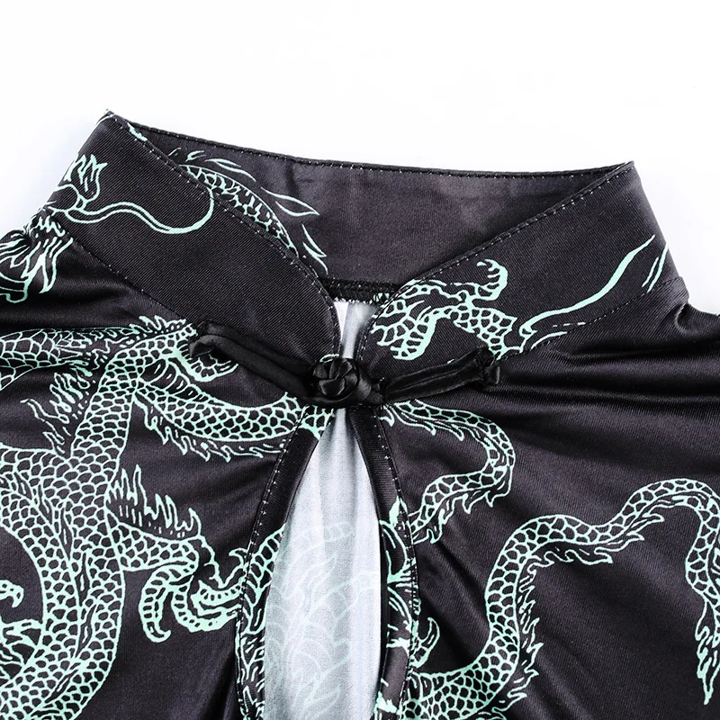 

Women Sexy Cheongsam Hollow Out Front Button Short Sleeve Floral Printed Qipao Slim Mini Dress Split Bandage Dress Party Cosplay