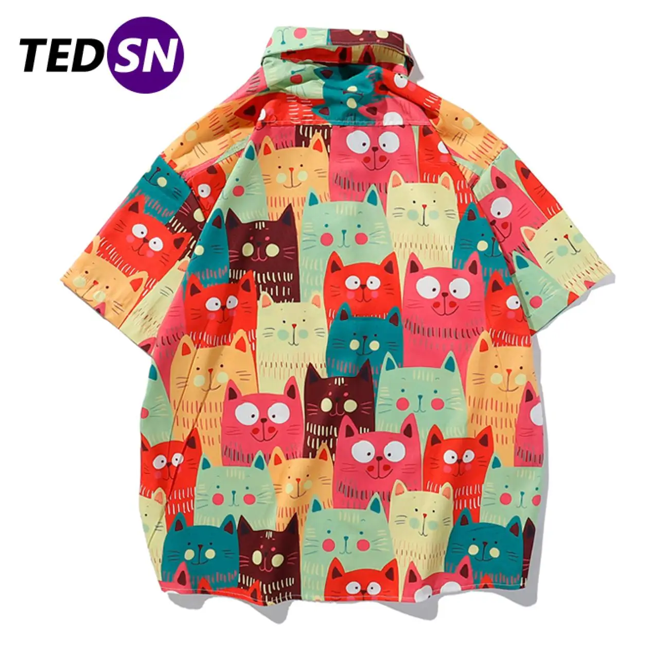 

TEDSN Cartoon Cat Print Streetwear Shirts Men Summer Casual Harajuku Short Sleeve Hawaii Beach Tops Hip Hop Cotton Shirts