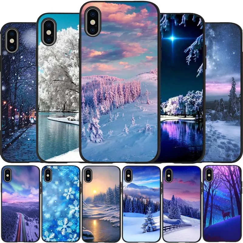 Рождественский пейзаж Черный силиконовый чехол для мобильного телефона iPhone 12 XR XS
