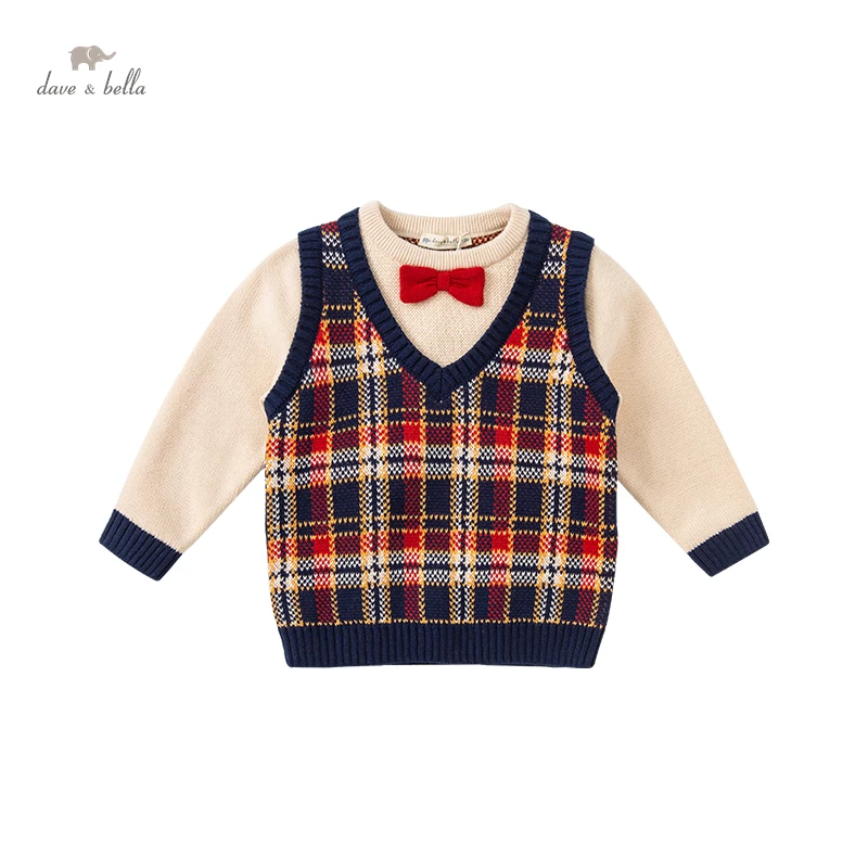 

DB20033 dave bella winter casual baby boys Christmas bow plaid patchwork knitted sweater kids boy fashion toddler boutique tops