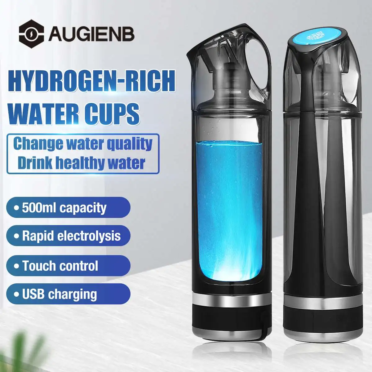 

AUGIENB Healthy Anti-Aging Hydrogen Rich Water Bottle Generator 500ML LED Display Hydrogen Rich Water Maker Ionizer BPA-free