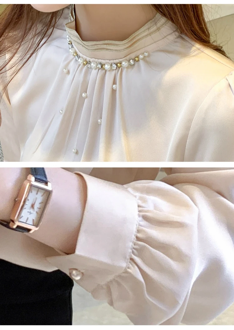 Autumn Long Sleeve Blouse Women Blusas Mujer De Moda 2021 Beading Stand Collar Chiffon Shirt Top Clothes Blusa D537 | Женская одежда