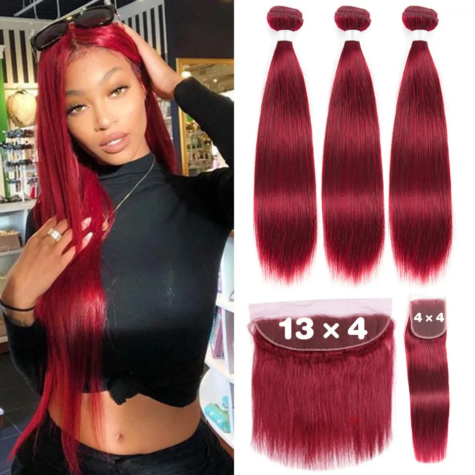 

Straight Hair Bundles With 13x4 Lace Frontal Ear To Ear Red Burgundy Brazilian Remy Human Hair Bundles With Closure 4x4 Estrella