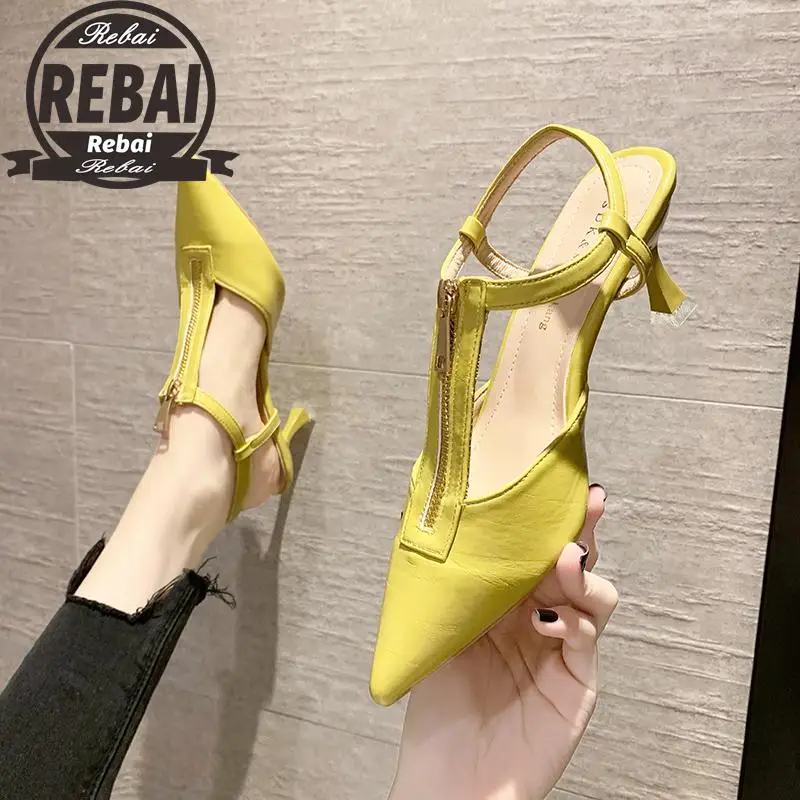 

Sexy 2021 Women Sandals Summer Ladies Casual Shoes Sandals Pointed Toe Fashion Zipper Thin Heels Slingback Zapatillas Mujer Casa