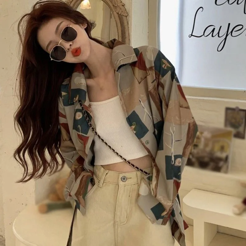 

2021 Women Retro Print Long Sleeve Shirt Unique Print Design Blouse Teenager Girls Loose Lapel Tops and Blouses