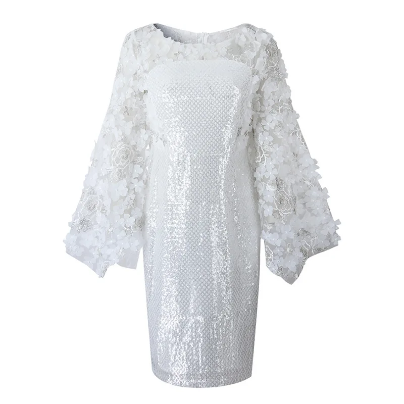 Темпераментное вечернее платье с блестками женское белое вышивкой и трехмерным