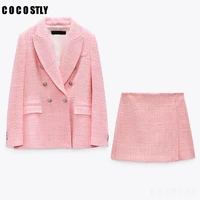 new 2021 autumn za women pink tweed two pieces sets chic button office ladies tweed blazer coat shorts skirts suits female