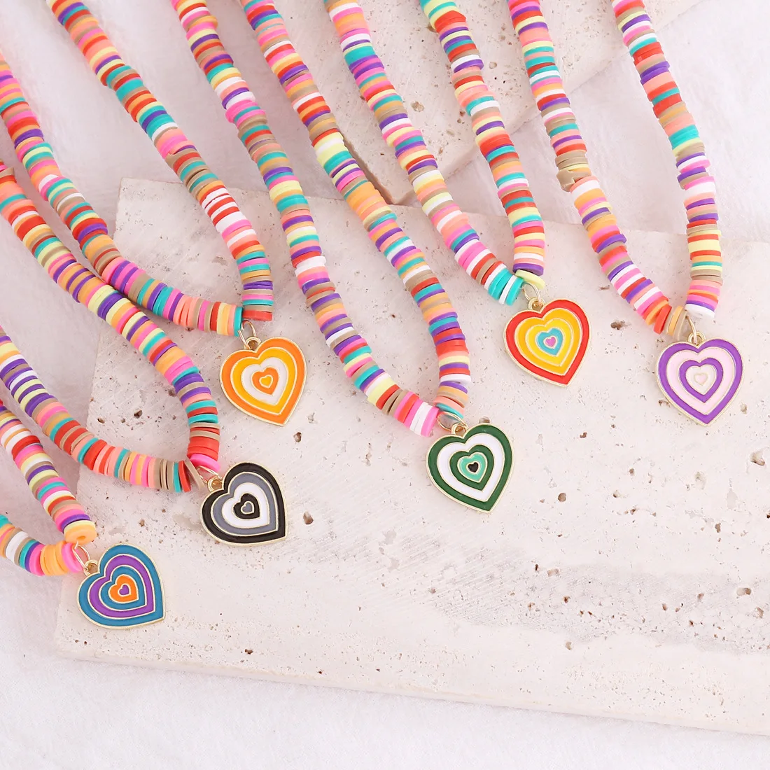 

Bohemian Style Rainbow-Colored Soft Pottery Drop Oil Love Heart-Shaped Pendant Necklace Women Neck Decoration Jewelry Accessory