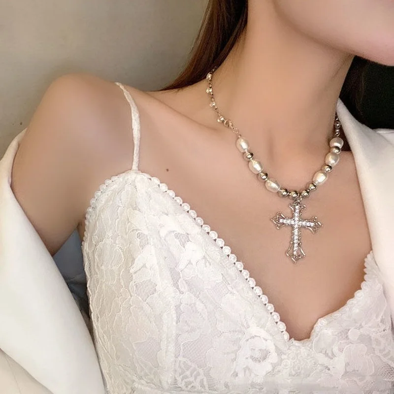 

Vintage Minimalist Bling Cross Pendant Necklaces for Women Girl Gift Anniversary Wedding Trendy Neck Jewelry Goth Pearl Necklace