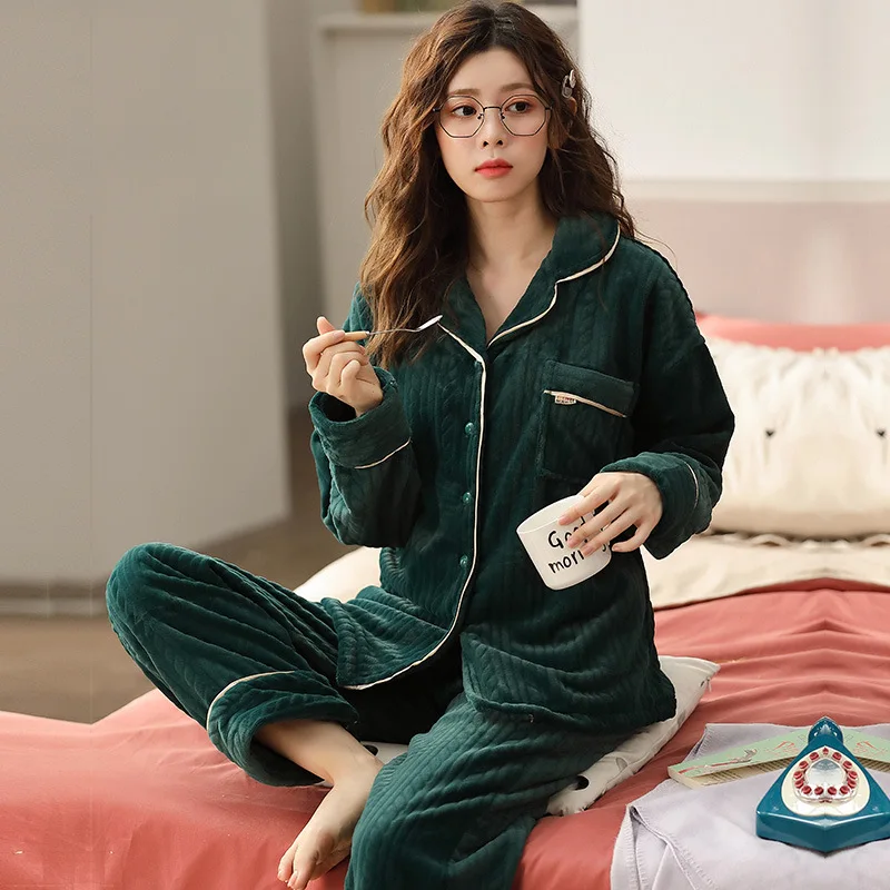 2021 New Autumn and Winter Pajamas Coral Fleece Plus Velvet Thick Long-sleeved Cardigan Flannel Warm Suit Pajamas for Women
