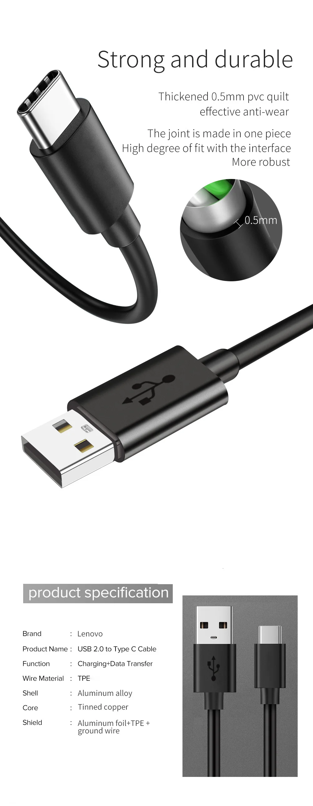 Кабель для зарядки телефона lenovo 1 м 2 м 5 в 3 а кабель для быстрой зарядки передачи данных type C Защита окружающей среды и прочный провод