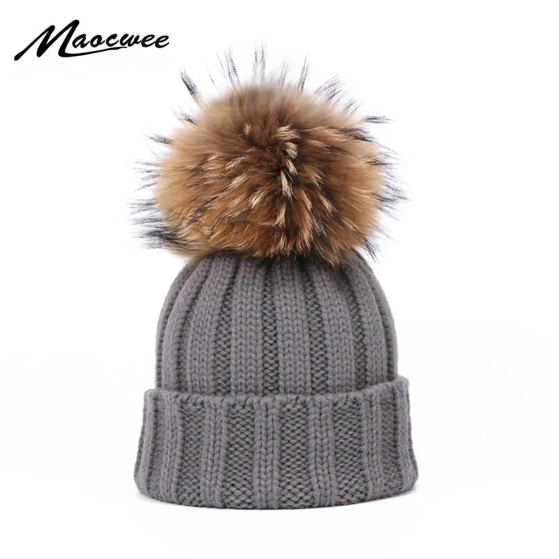 

Winter Pom Pom Beanie Hat For Women Men Warm Thick Knitted Skullies Beanies With Real Raccoon Fur Pompon Fashion Solid Color Cap