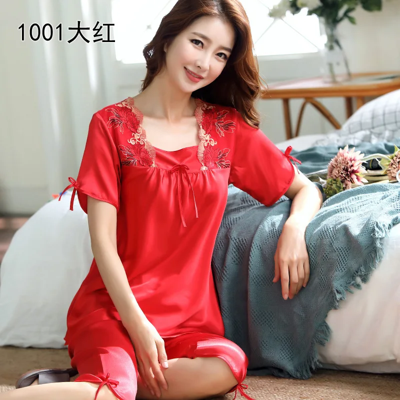 Pajamas Women's Summer Sexy Sleepwear Set Short Sleeve Nightwear Korean Spring Autumn Ice Silk Home Wear Thin Style Nightgown