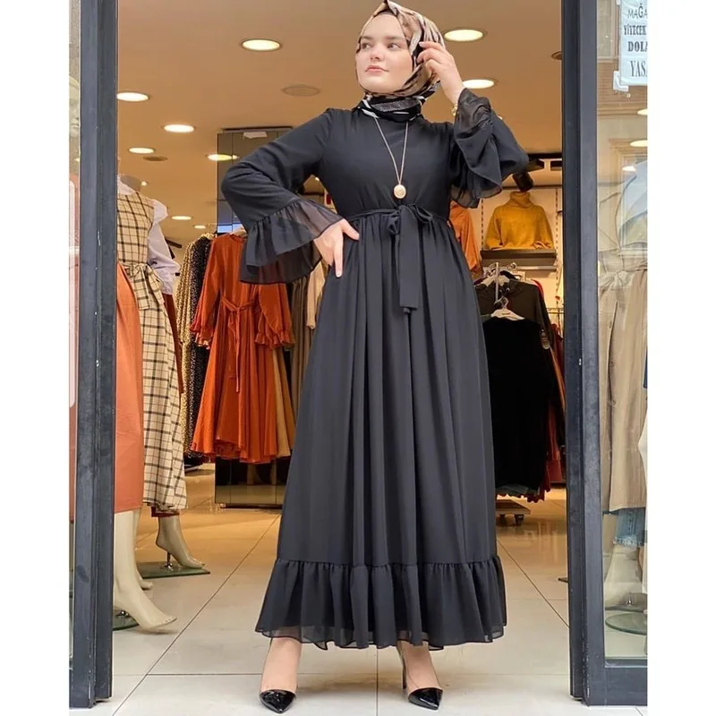 Абаи Дубай мусульманское платье Макси женское шифоновое с оборками Длинные