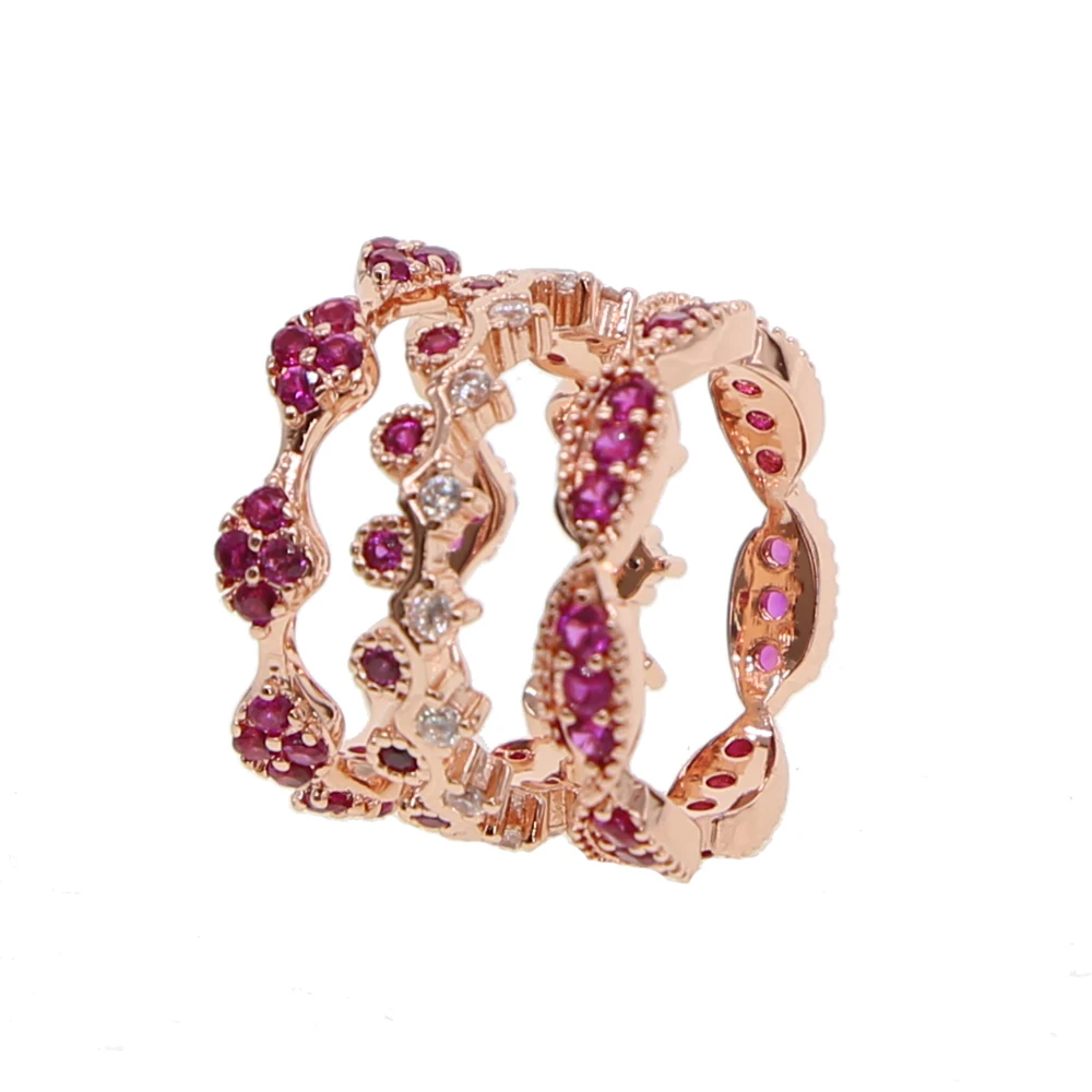 2021 New arrived Korean Personality three Piece Suit Combination Rings For Women fuchsia shape cz Finger Accessories Simple Ring | Украшения