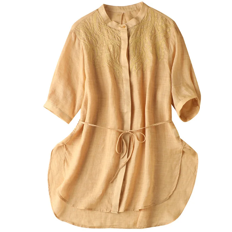 

Shuchan Embroidery Yellow Blouse Women Back To The Basics Solid Ramie O-Neck Button Up Shirt 2021 Long Sleeve Blouse