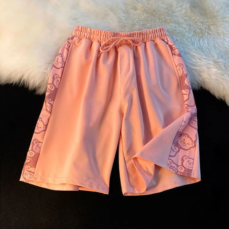 

College style Japanese new kawaii cute bear print stitching shorts women's loose casual Harajuku style wide-leg women's shorts