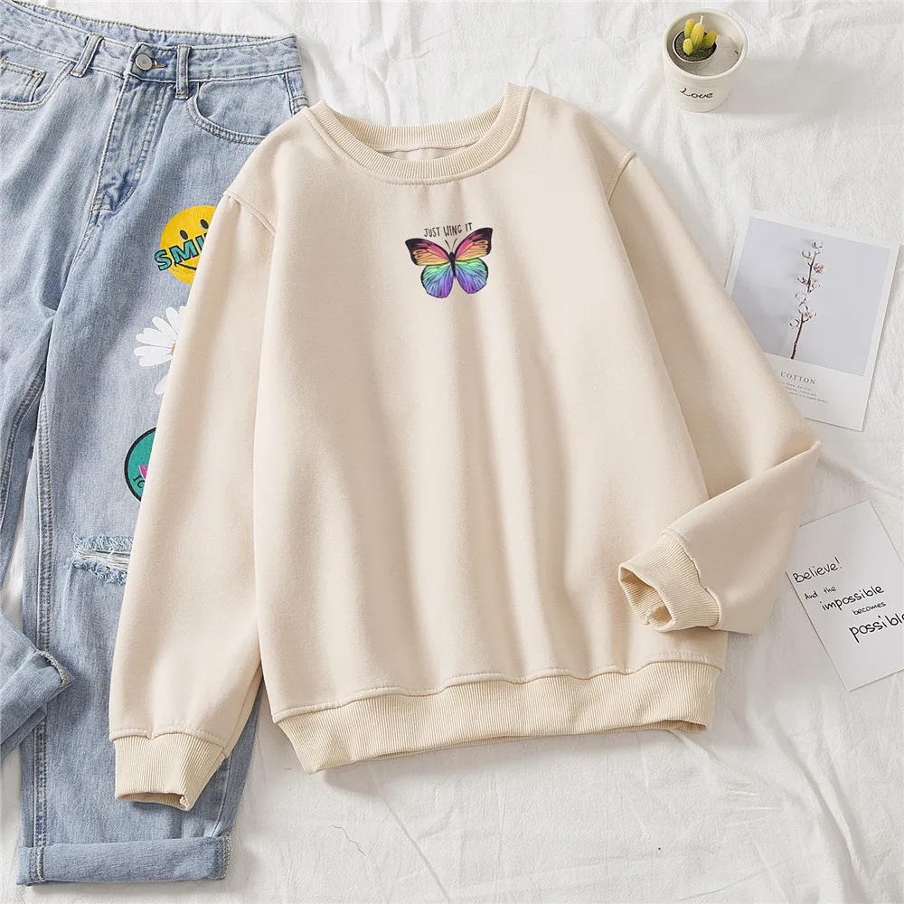 Sweet Butterfly Printed Women Cotton Sweatshirt Harajuku Oversized Hoodies Long Sleeve Hoody Basic Kawaii Sweetshirt for Girls