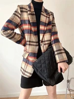 woollen plaid blazer suit simple fashion mid length single breasted contrast office blazer women autumn spring commute casual