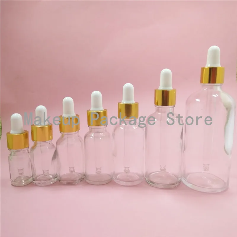 Прозрачный стеклянный базовый контейнер бутылочки для масла с золотым и белым