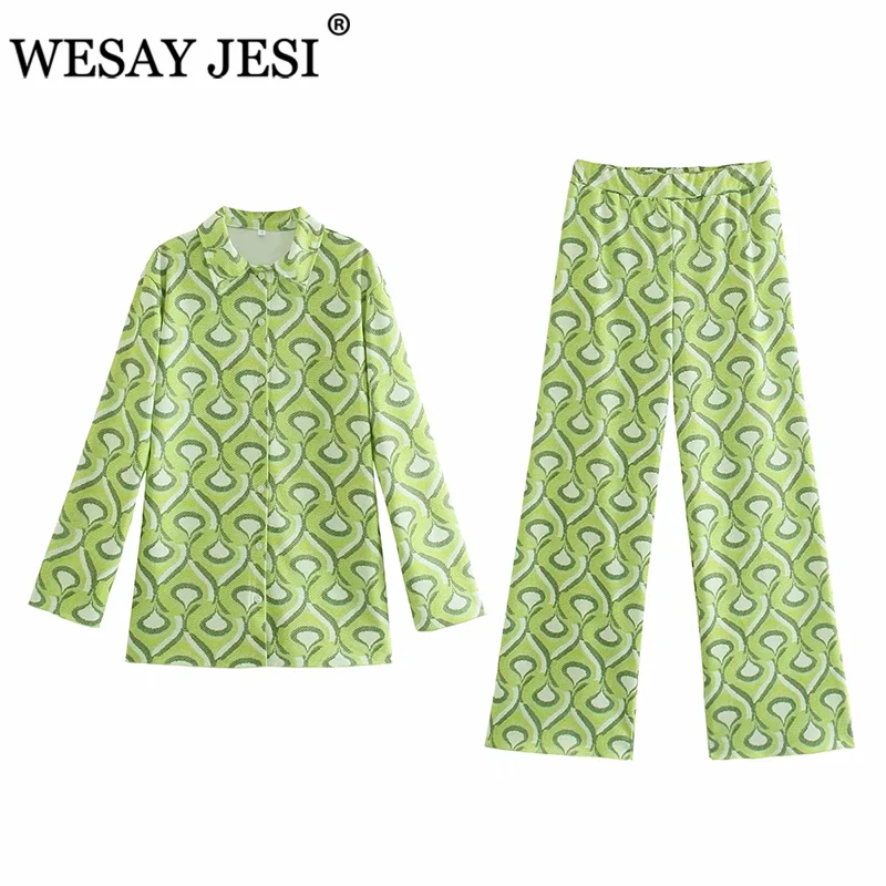 

WESAY JESI Trouser Suits TRAF ZA Women Vintage Two-Piece Set Beach Style Print Loose Lapel Shirt Female Elastic High Waist Pants