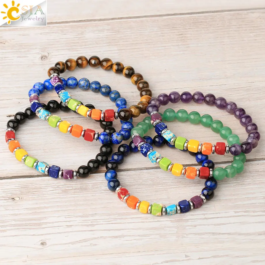 Женские браслеты из натурального камня CSJA квадратные 7 Чакры бирюзы с исцеляющим