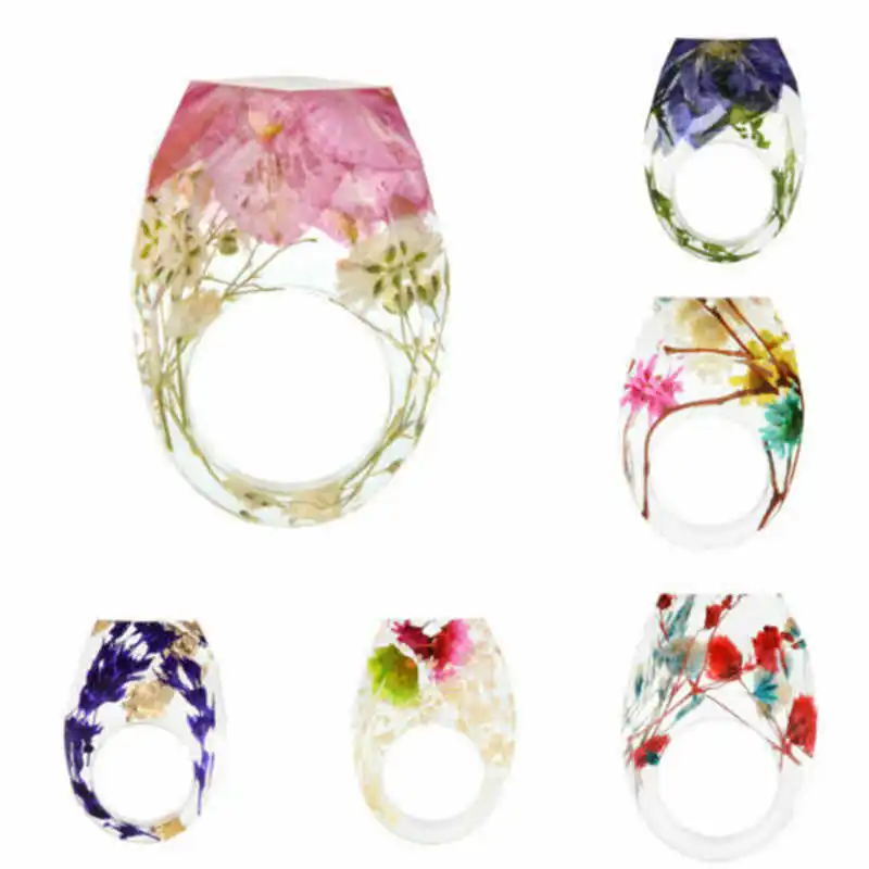 

New Transparent Forest Handmade Dried Flower Resin Ring Colorful Ink Pattern Scenery for Women Fashion Jewelry Ring