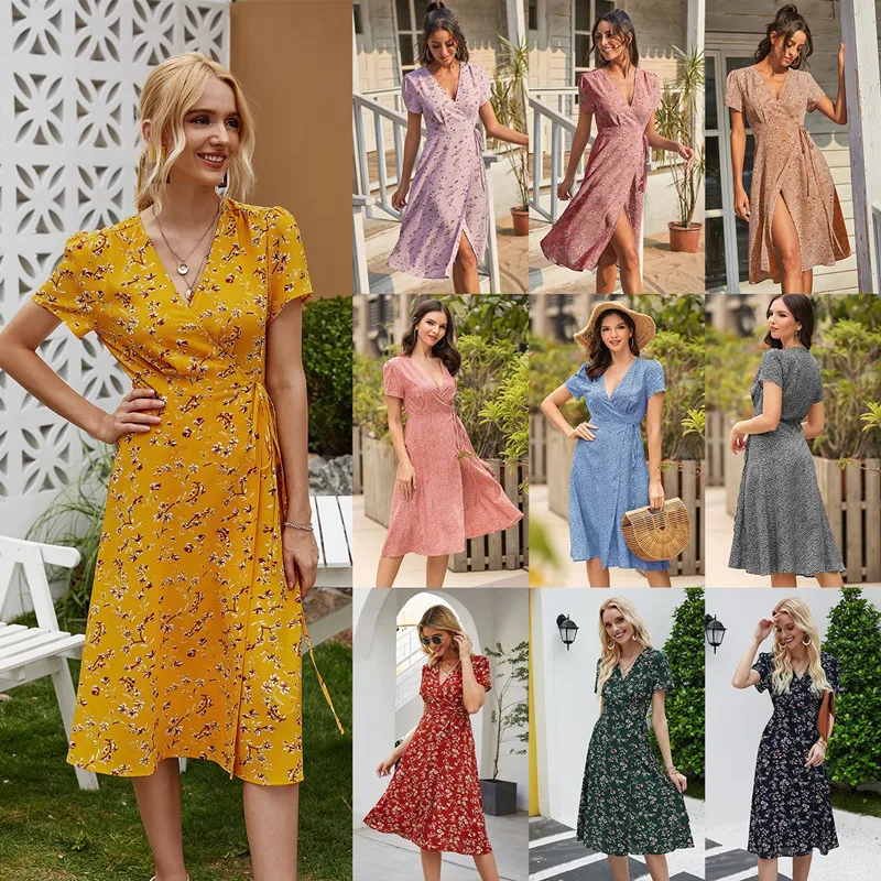 

Новинка лета 2021, модное сексуальное женское платье с глубоким V-образным вырезом и коротким рукавом, повседневное женское платье средней дл...