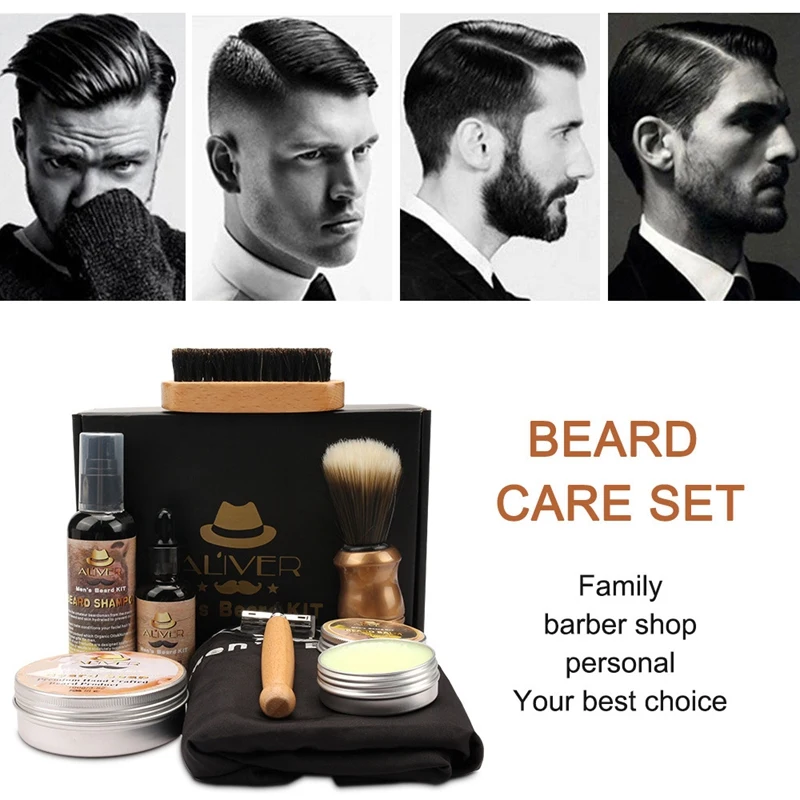 

ALIVER 9Pcs/ Lot Men Beard Kit Styling Tool Beard Bib Aprons Balm Beard Oil Comb Moisturizing Wax Beard Care Set with Shaver