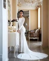 elegant mermaid wedding dresses long sleeves lace appliqued beaded brush train bridal gowns floor length vintage plain dress
