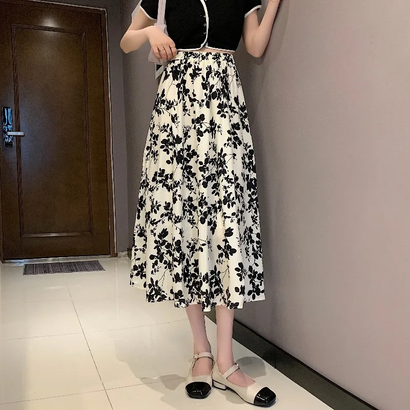 

Summer Women Korean Skirt Streetwear Drawstring Elastic Waist Midi Skirts Vintage Floral Print A-line Pleated Long Skirts Slim