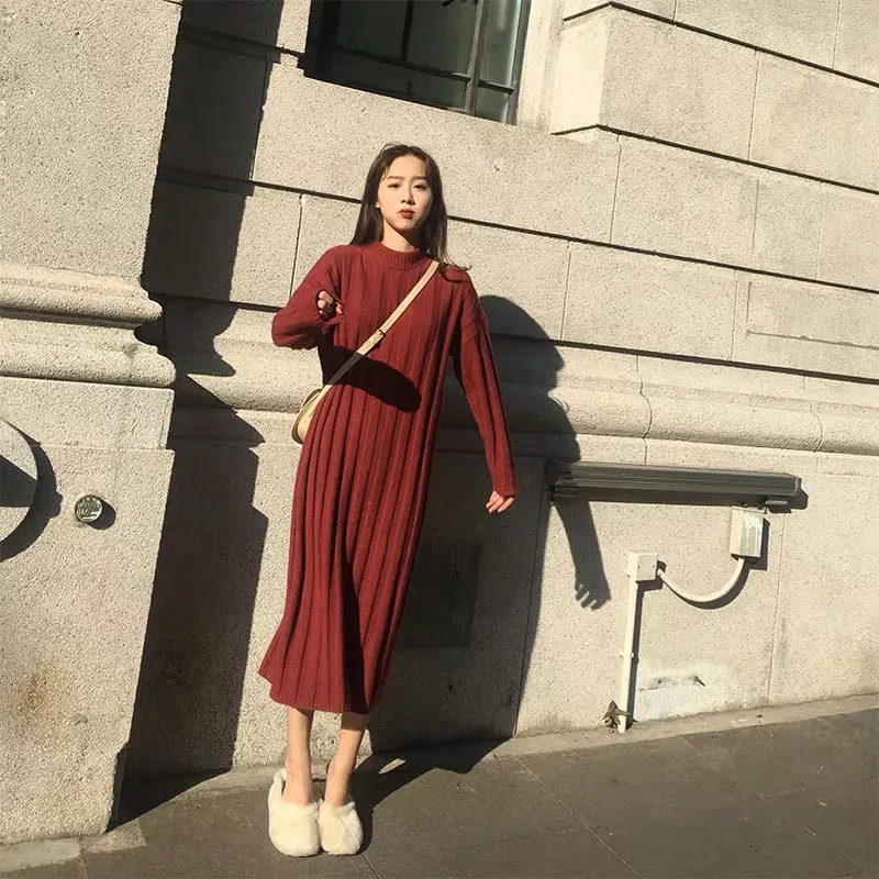 Осень Зима 2019 корейский стиль женский свитер с длинным рукавом платье размера