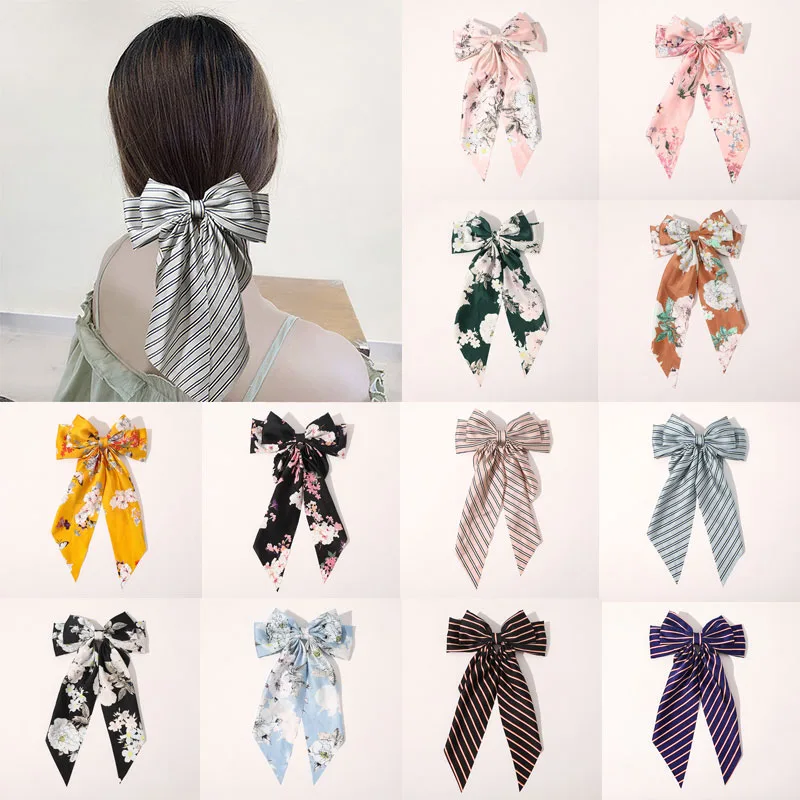 

Fashion Satin Bowknot Ribbon Hairpin Two-layers Oversized Bows Hair Clip Striped Floral Print Barrettes Simple Hair Accessories