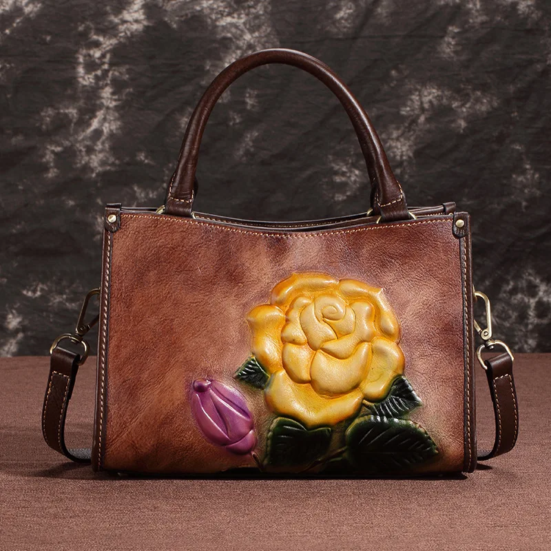 

Женская сумка-тоут из натуральной кожи, винтажная сумка-мессенджер с Цветочным Тиснением, из первого слоя воловьей кожи