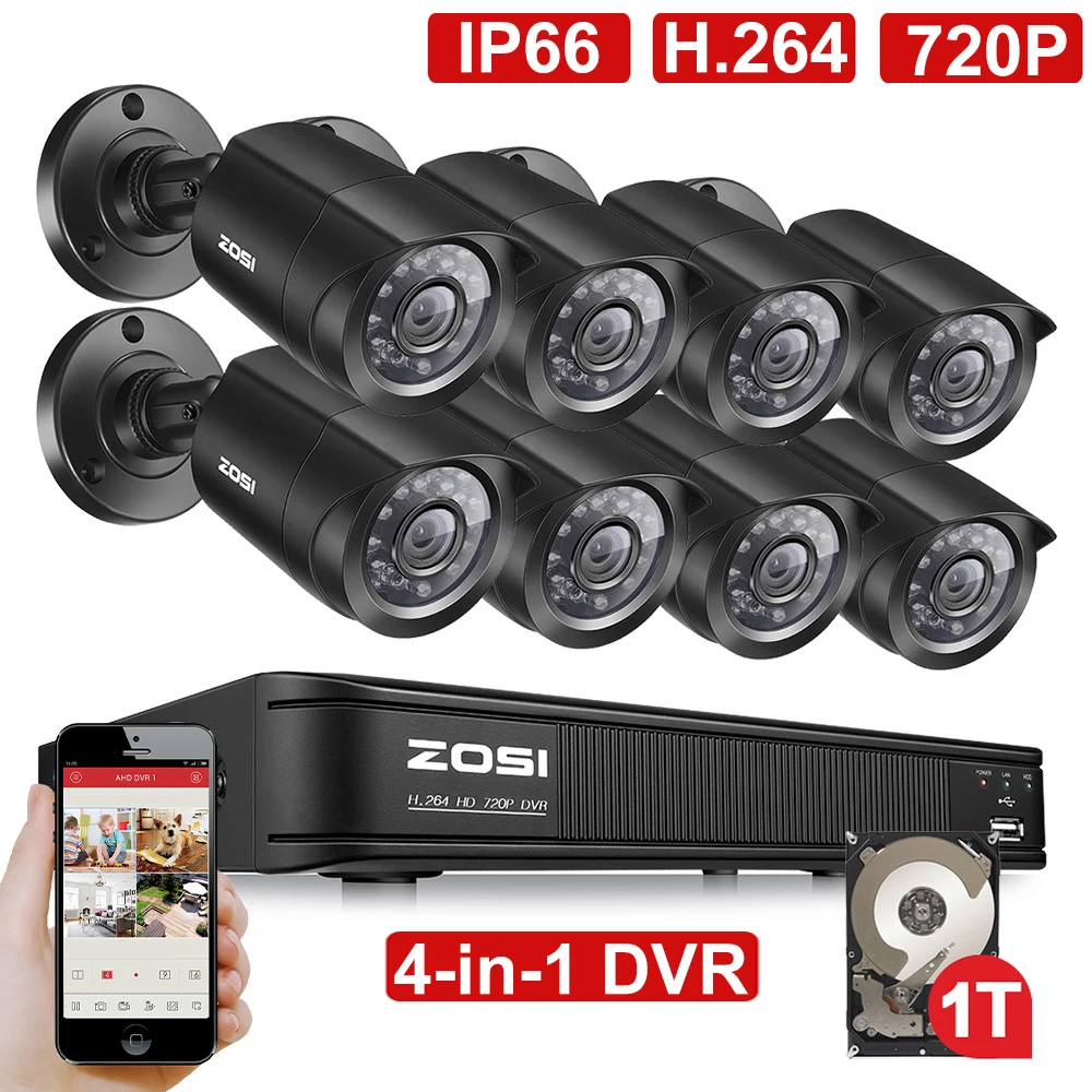 ZOSI 8CH CCTV система 1080N HDMI TVI CCTV DVR 8 шт 720P уличная инфракрасная камера видеонаблюдения 1280 TVL камера система видеонаблюдения