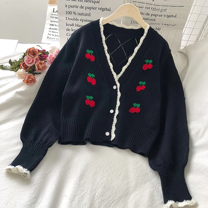 

Women Embroidered Cardigans Knit Wear Sweet Puff Sleeve Short Mujer Chaqueta Autumn Winter V Neck Cherry Sweaters Women