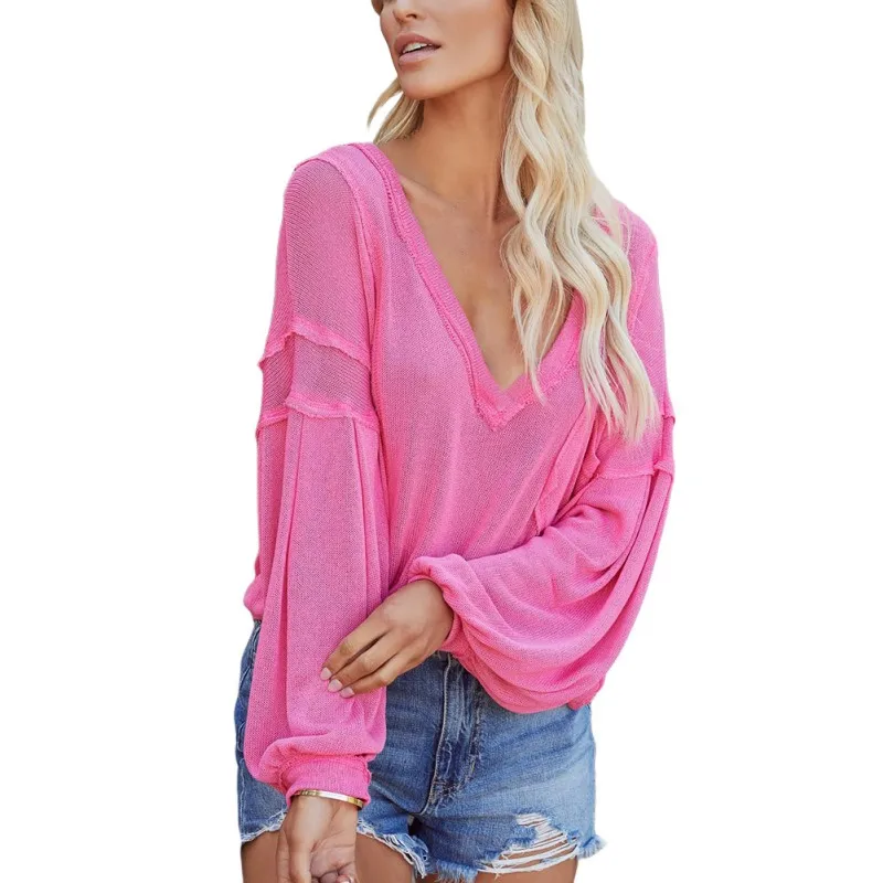 

Cross-Border New Women'S Cotton Loose Pocket T-Shirt Women'S V-Neck Sweater Lantern Sleeve Jacket