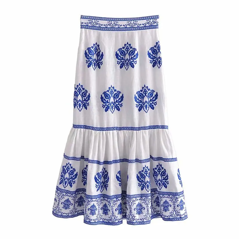 

TRAF ZA Women Embroidery Skirt 2021 Summer Mid-Calf Casual Elastic High Waist Skirt Woman Elegant Floral Printed Skirt Women