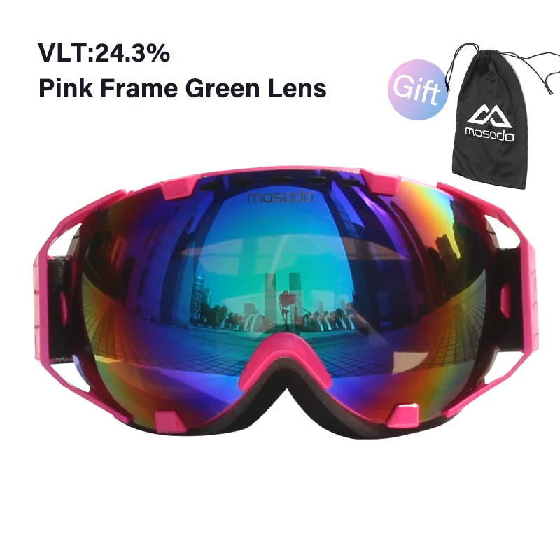 pink F green L Mosodo мужские и женские лыжные очки сноуборд снегоход Анти-туман лыжный поляризационные очки снег большие сферические лыжные очки - Цвет: pink F green L