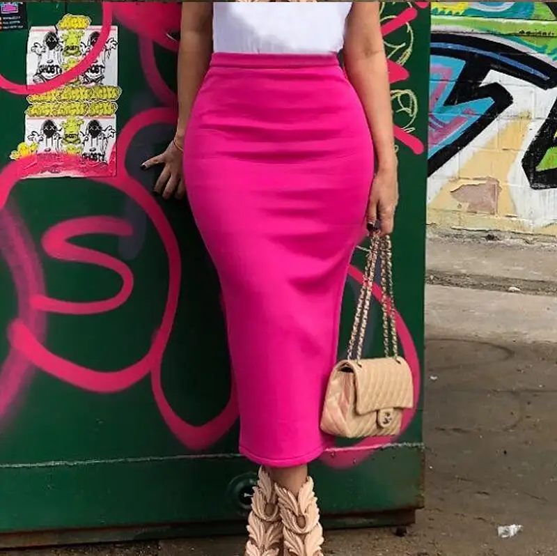 Skirt Autumn Casual Solid Mid-calf Skirts Elegant Lady Rear Split Skirt Office Fuchsia Pink Purple Black Elegant