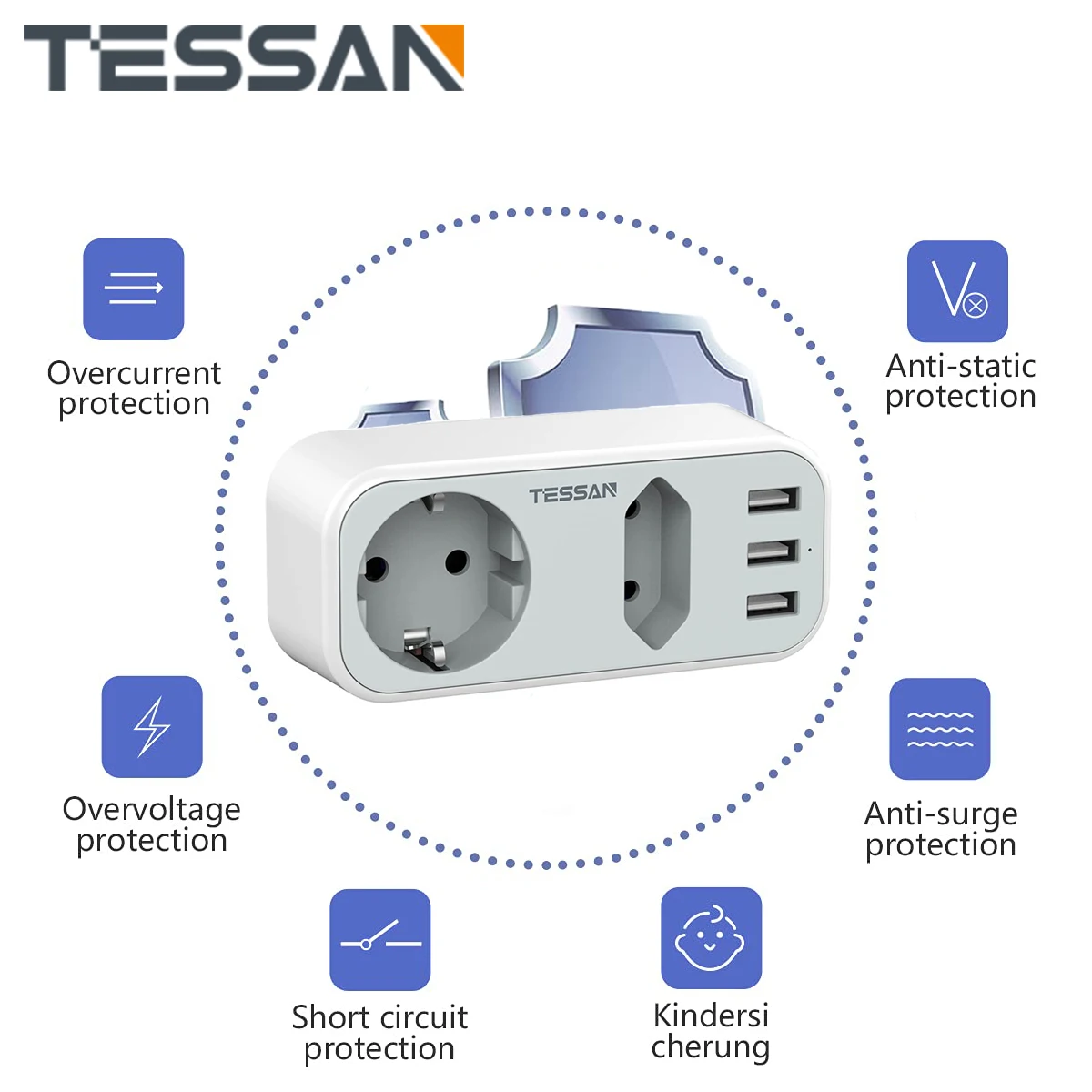 

TESSAN All in 1 USB Socket Adapter, with 1 EU Outlet, 1 DE/FR Outlet and 3 USB Ports, EU Wall Socket compatible for SmartPhone