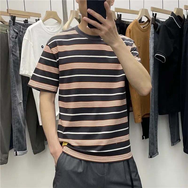 

American casual slightly loose striped short sleeve t-shirt men's 2021 summer new cotton stretch round neck half sleeve t-shirt