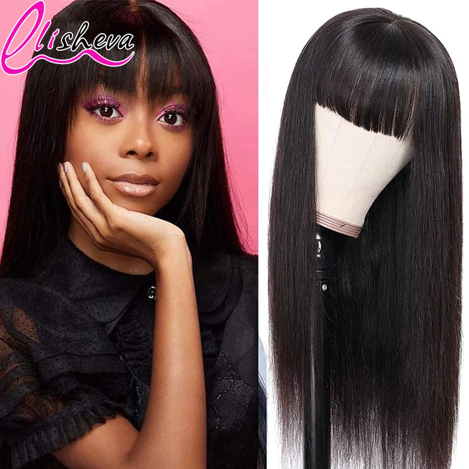 

Прямые парики из человеческих волос с челкой для чернокожих женщин, 100% человеческие волосы, моноволосы, волнистые волосы, полностью машинны...