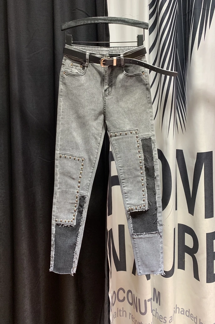 

Jeans Woman Personality Stitching Beaded Jeans Women's 2020 Spring Summer New High-Waist Jeans Slim-Fit Stretch Pencil Pants