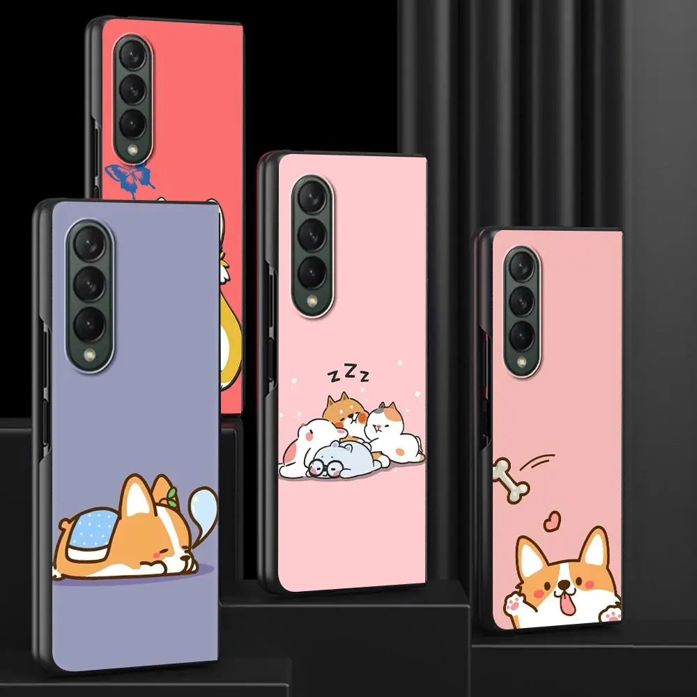 

Luxury Case for Samsung Z Fold3 5G Phone Cover for Galaxy ZFold 3 Black Hard Funda For Z Fold 3 Capa Cartoon Corgi Dog