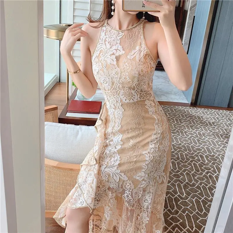

2021 Lace Mermaid Dress Crystal Chain O-Neck Sleeveless Halter Ruffle High Waist Patchwork Irregular Dress Luxury Party Dress