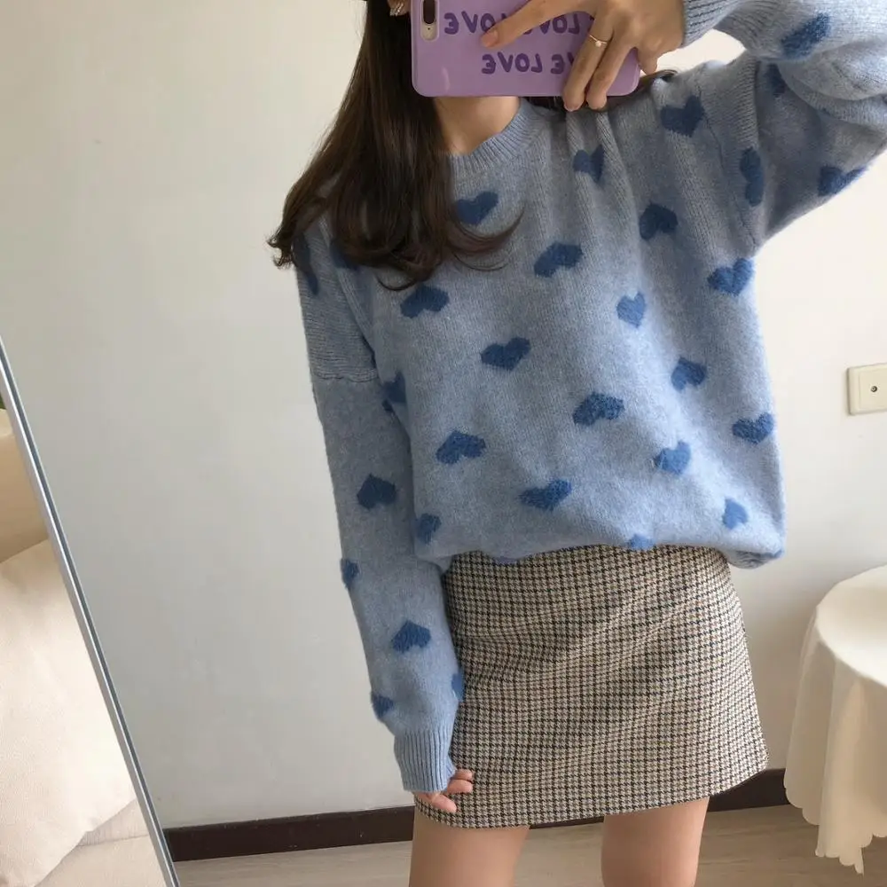 Женский вязаный свитер с сердцем оптовая продажа милый японский пуловер Harajuku Kawaii